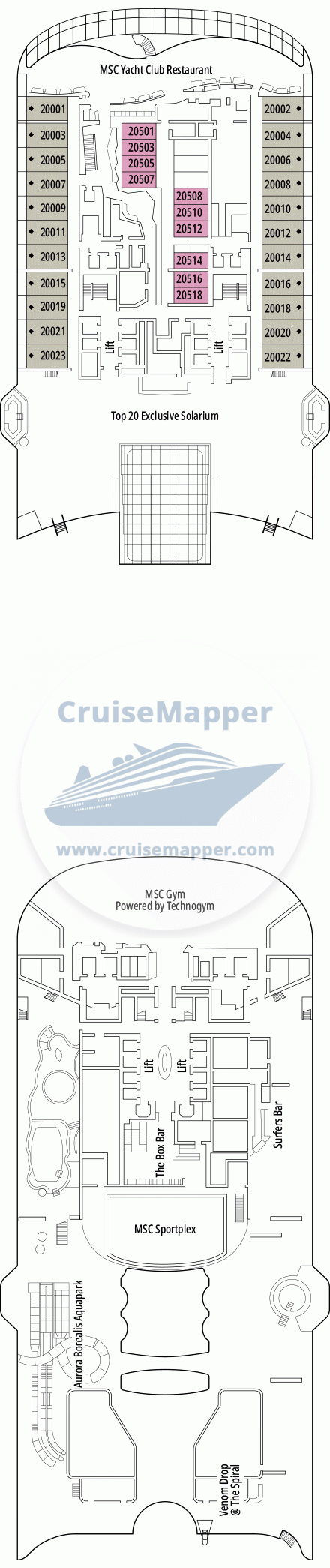 MSC World Asia Deck 20 - Cabins-Gym-Waterpark-Cliffhanger