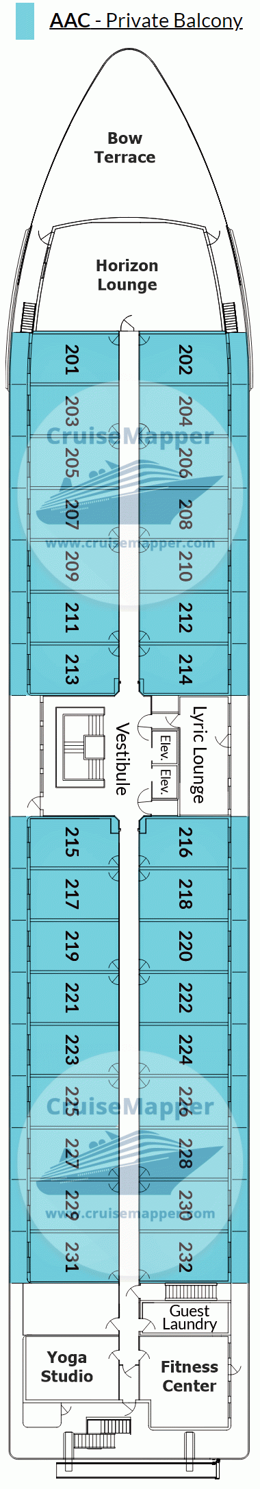 ACL American Encore Deck 02 - Cabins-Horizon Lounge-Gym