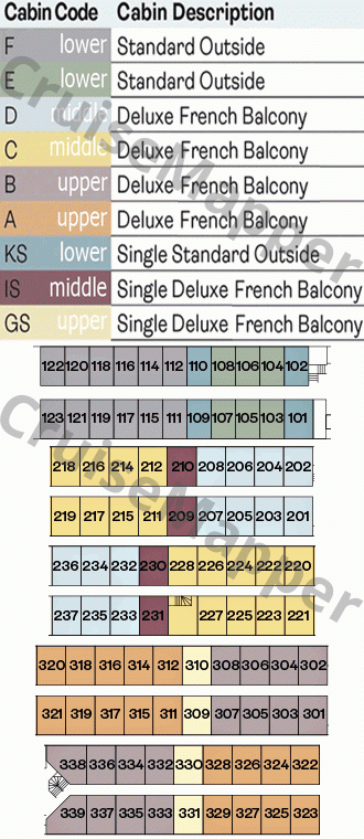 Spirit of the Moselle deck 2 plan (Middle-Cabins-Restaurant) legend