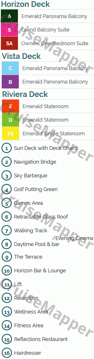 Emerald Astra deck 1 plan (Riviera-Cabins-Spa) legend